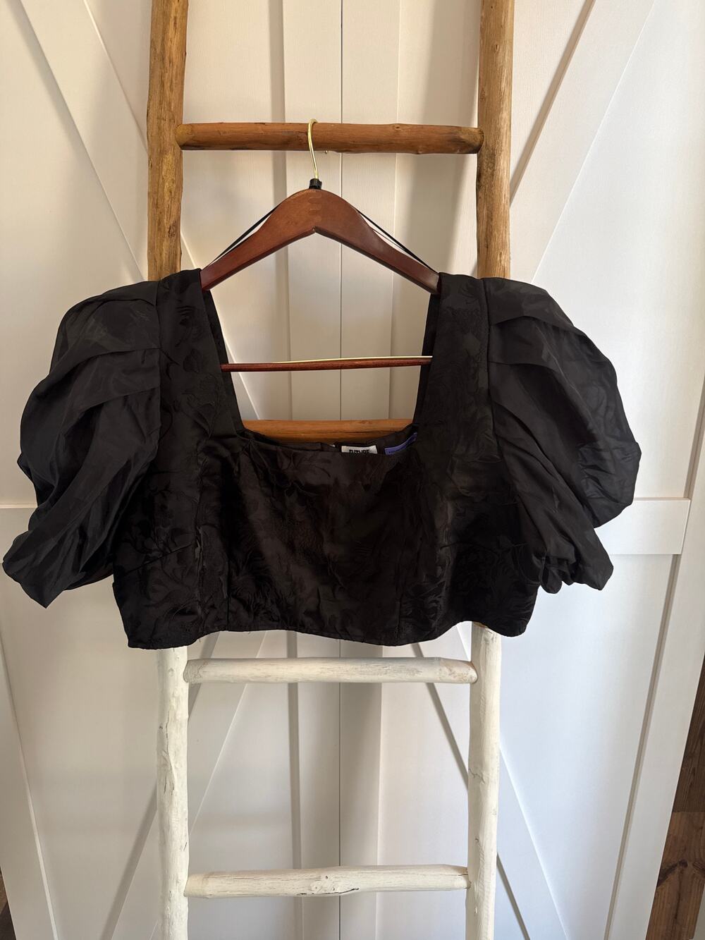 Future Collective Kahlana Barfield Brown crop puff sleeve brocade Blouse 16W/18W